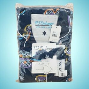 PJ Salvage Flannel Pajama Set Ski You Later Navy Blue Top/Pants/Headband 💙